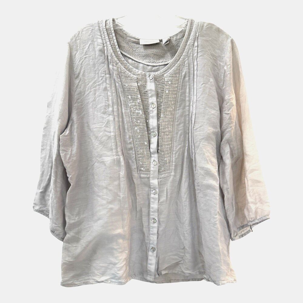 Chicos Button Down Shirt Size XL Light Gray Sequined Smocked Lightweight Top
